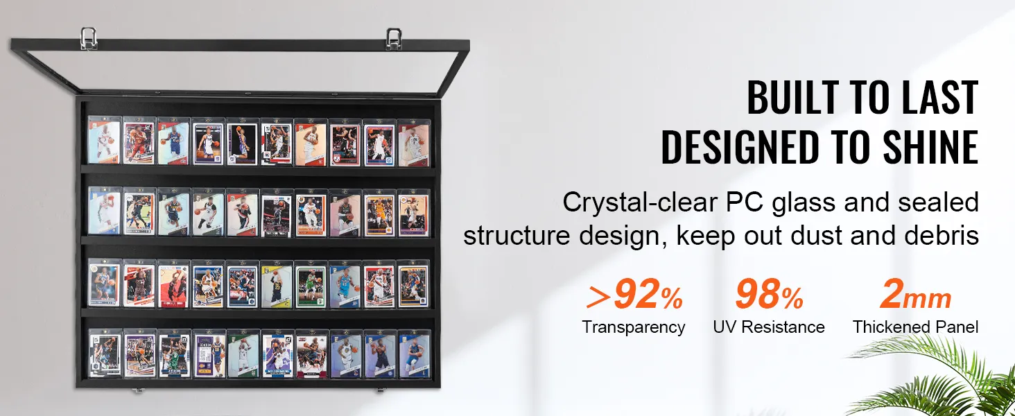 VEVOR sports card display case with clear pc glass, uv resistance, and sealed for dust protection.