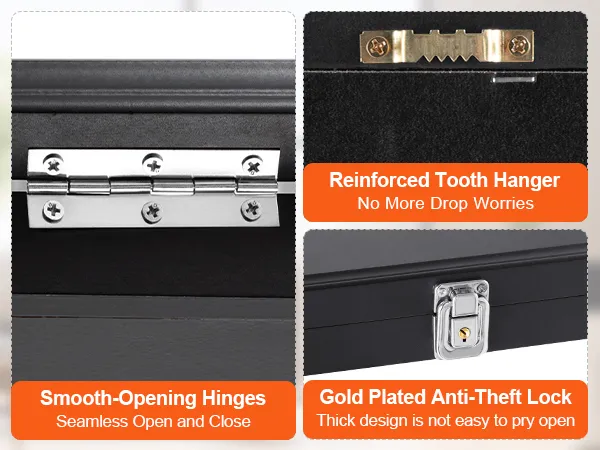 smooth-opening hinges, reinforced tooth hanger, and gold plated anti-theft lock on VEVOR sports card display case.