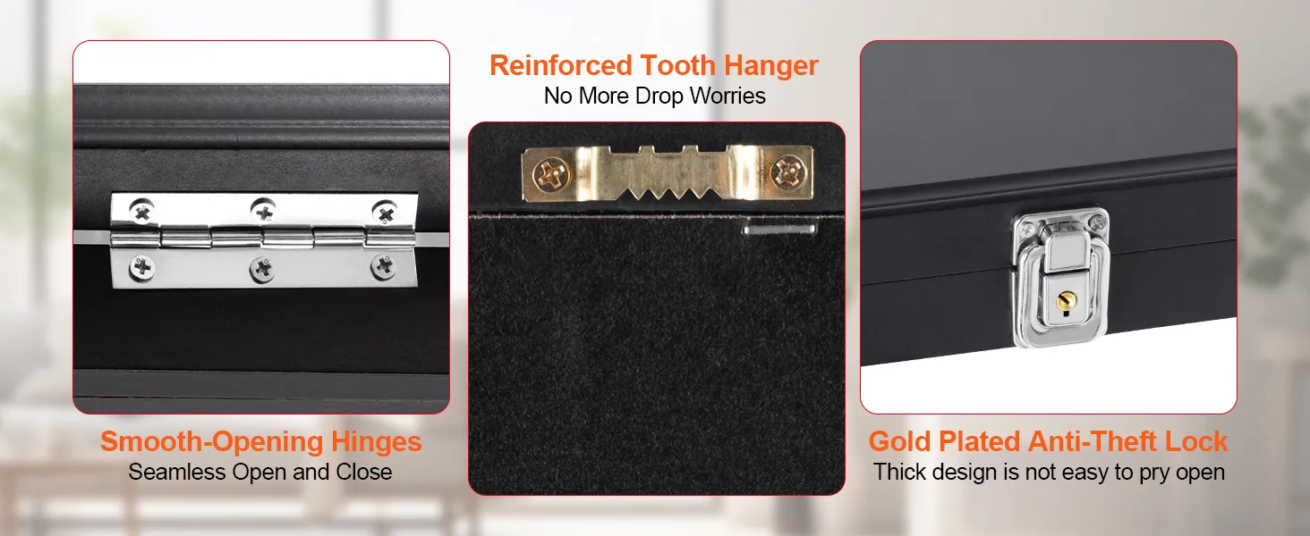 smooth-opening hinges, reinforced tooth hanger, and gold plated anti-theft lock on VEVOR sports card display case.