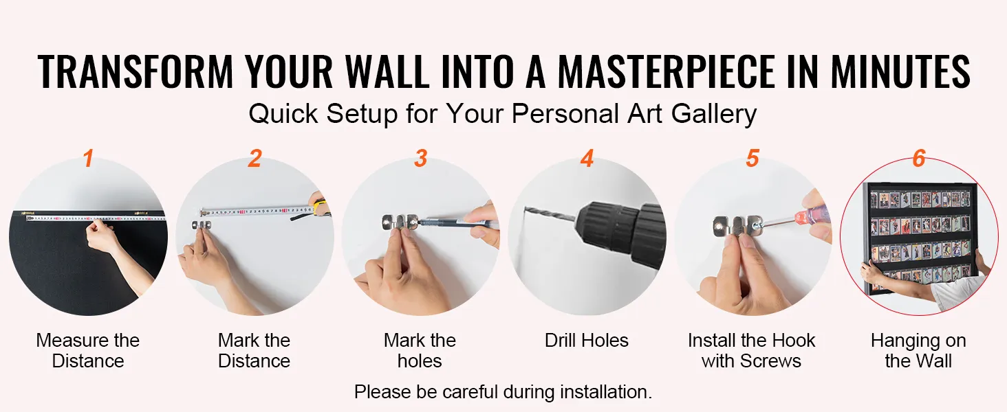 steps to install a VEVOR sports card display case: measure, mark, drill, install hooks, hang display.