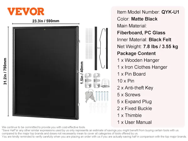 VEVOR jersey display case specs and package content against a matte black display background featuring dimensions.