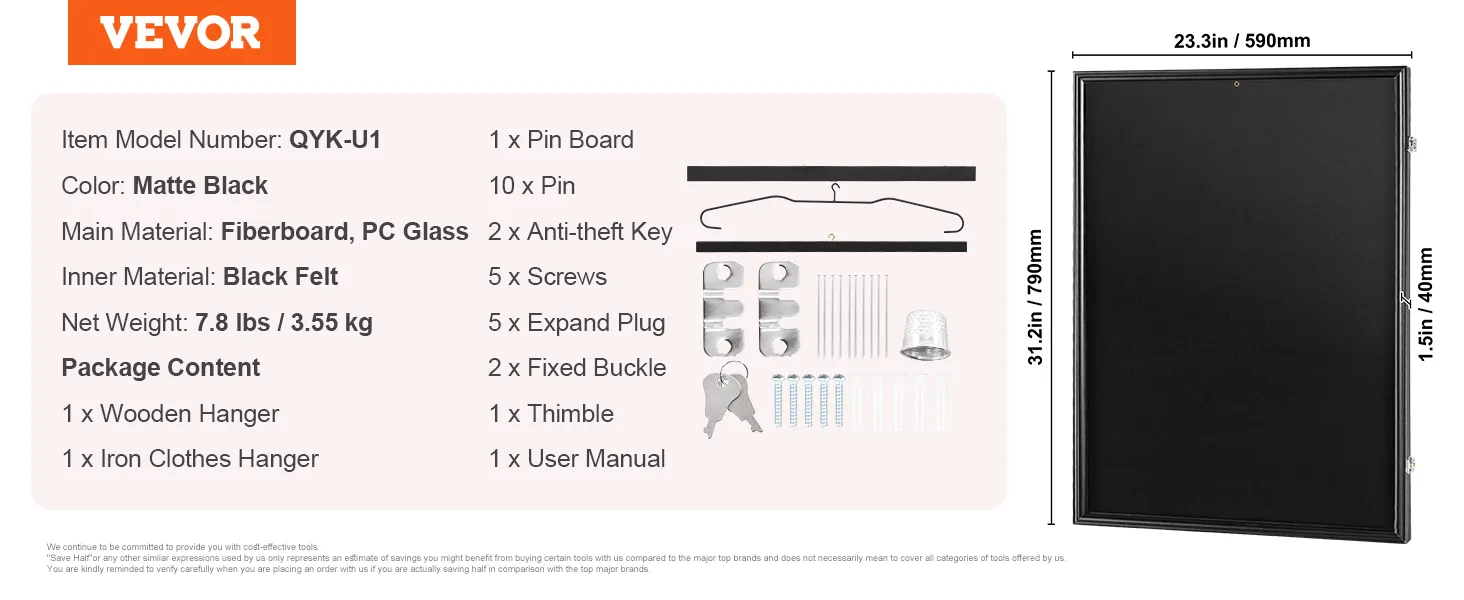 VEVOR jersey display case specs and package content against a matte black display background featuring dimensions.