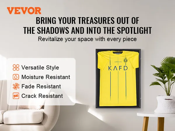 VEVOR jersey display case holding a yellow jersey, beside a white sofa, and green potted plant.