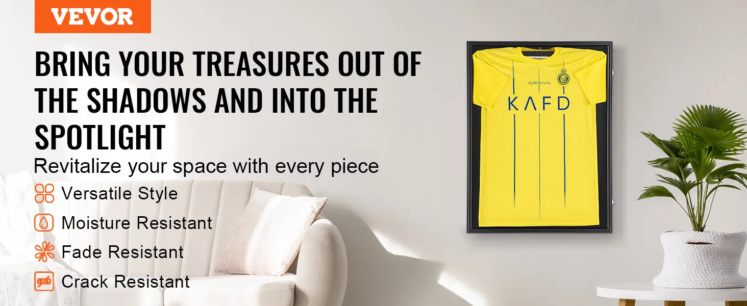 VEVOR jersey display case holding a yellow jersey, beside a white sofa, and green potted plant.