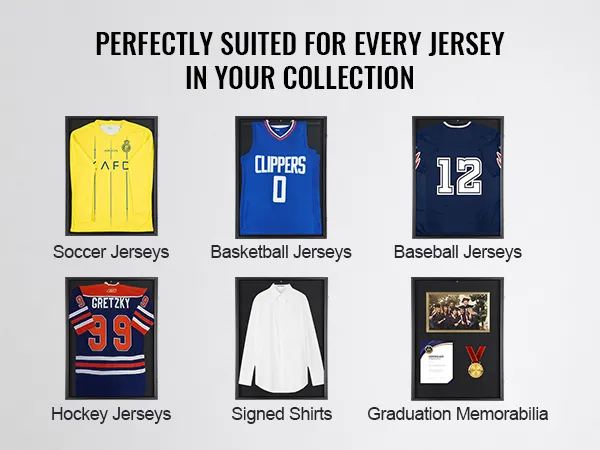 VEVOR jersey display case showcasing soccer, basketball, baseball, and hockey jerseys, plus signed shirts and graduation memorabilia.