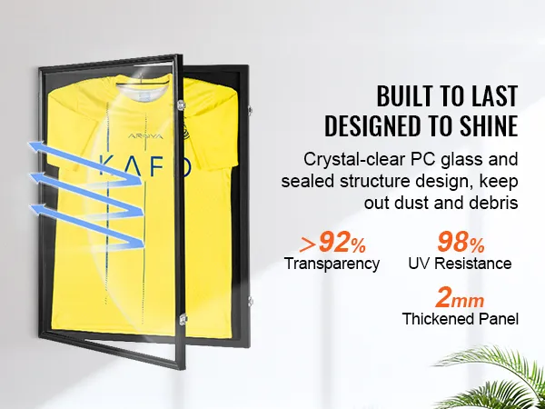 VEVOR jersey display case with crystal-clear pc glass, 92% transparency, and 98% uv resistance.