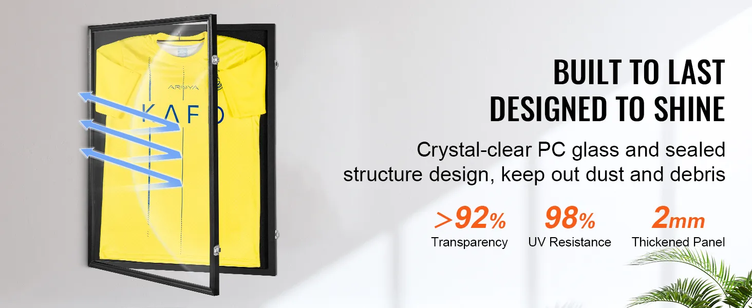 VEVOR jersey display case with crystal-clear pc glass, 92% transparency, and 98% uv resistance.