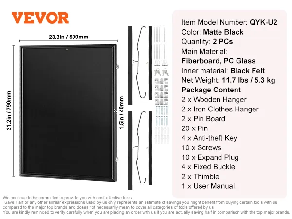 VEVOR shirt display frame qyk-u2, matzwart, 23,3x31,2 inch, inclusief houten hangers, schroeven en handleiding.