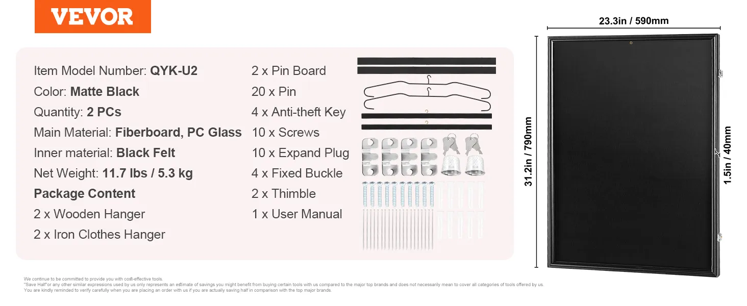 VEVOR shirt display frame qyk-u2, matzwart, 23,3x31,2 inch, inclusief houten hangers, schroeven en handleiding.