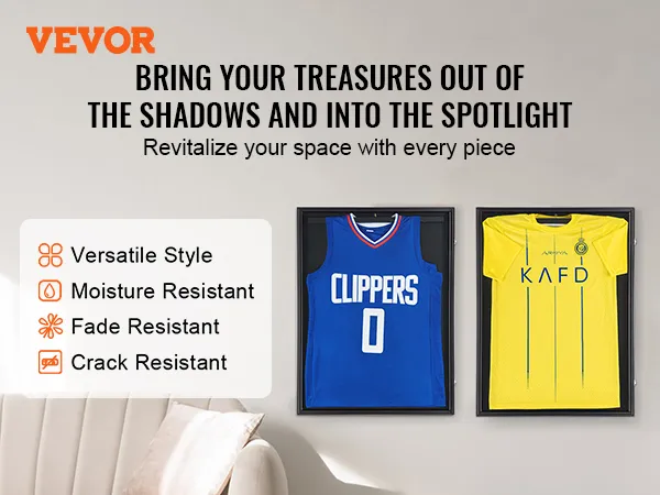 VEVOR-displayframe voor Clippers- en Kafd-shirts, ter promotie van veelzijdigheid, vochtbestendigheid, kleurvastheid en scheurbestendigheid.