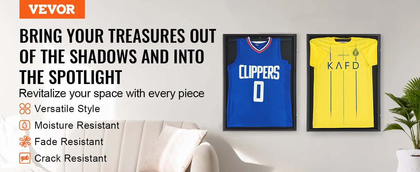 VEVOR-displayframe voor Clippers- en Kafd-shirts, ter promotie van veelzijdigheid, vochtbestendigheid, kleurvastheid en scheurbestendigheid.