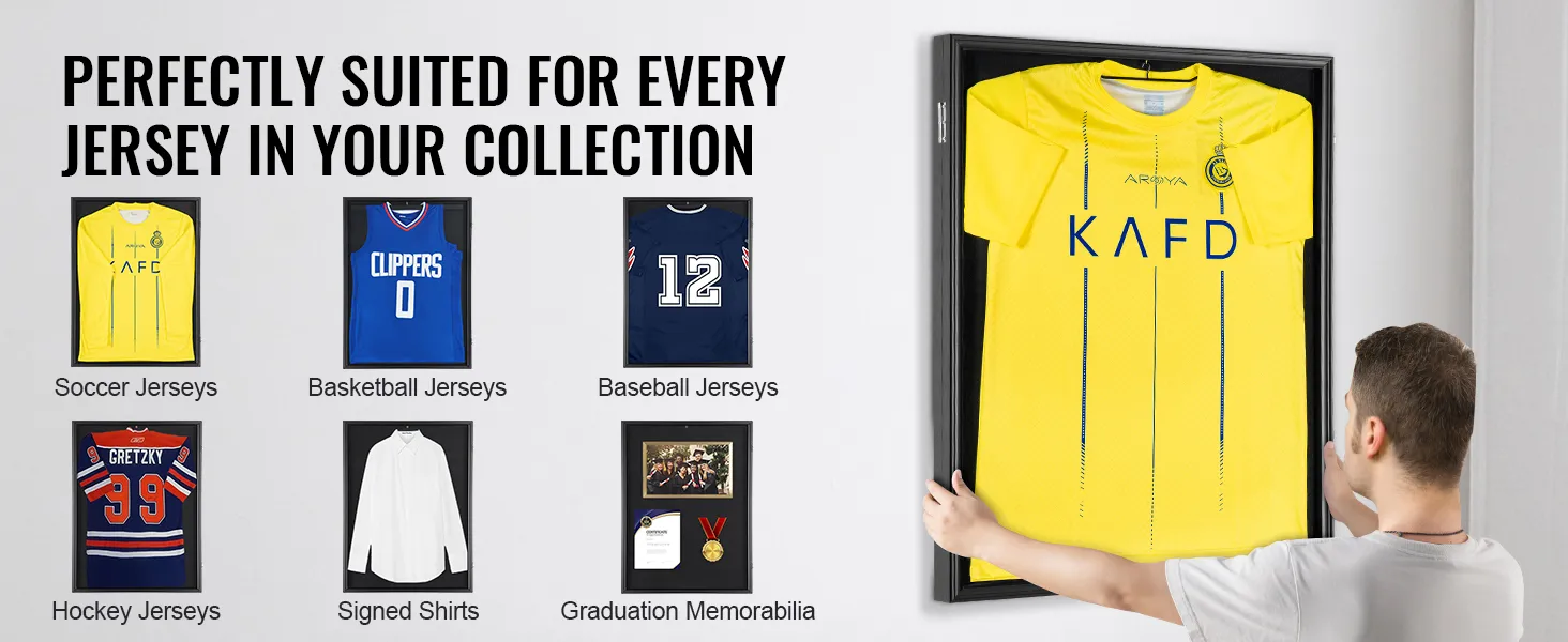 VEVOR-shirtdisplayframe met voetbal-, basketbal-, honkbal- en hockeyshirts, gesigneerde shirts en afstudeermemorabilia.