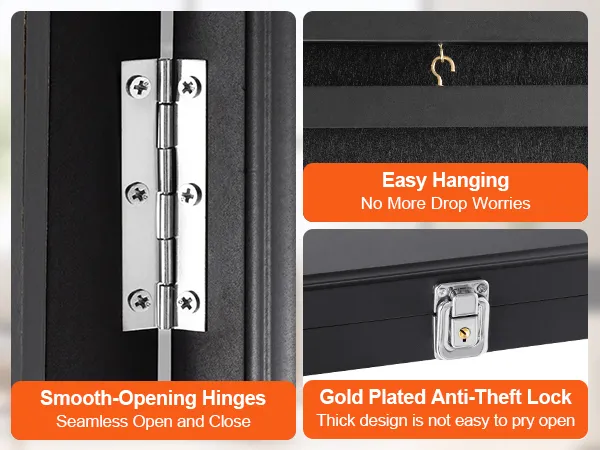 soepel openende scharnieren, eenvoudig op te hangen haakje en verguld antidiefstalslot op het VEVOR shirt display frame.