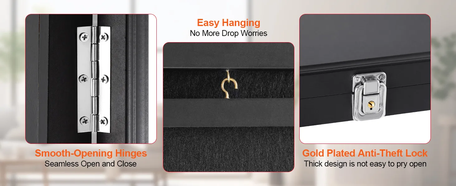 soepel openende scharnieren, eenvoudig op te hangen haakje en verguld antidiefstalslot op het VEVOR shirt display frame.