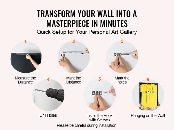 Stappen om het VEVOR-shirtdisplayframe op te zetten: opmeten, markeren, boren, installeren en aan de muur hangen.