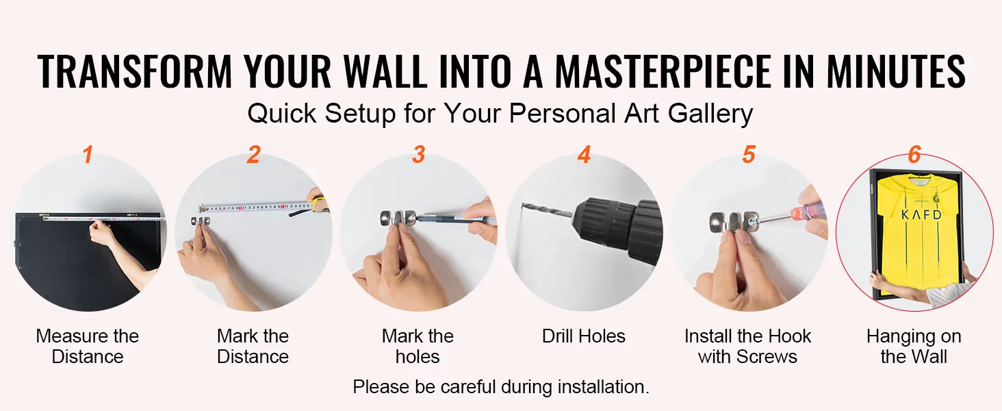 Stappen om het VEVOR-shirtdisplayframe op te zetten: opmeten, markeren, boren, installeren en aan de muur hangen.