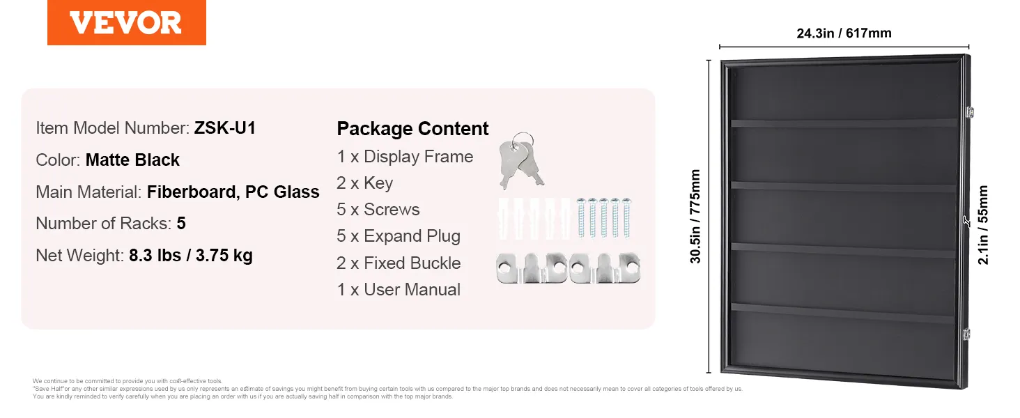 VEVOR sportkaartenvitrine, matzwart, vezelplaat en pc-glas, 5 rekken, 24,3x30,5x2,1 inch