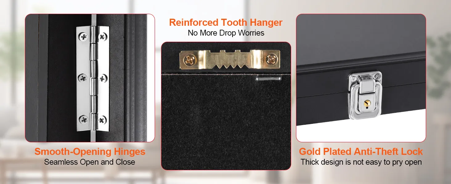 soepel openende scharnieren, versterkte tandhanger, vergulde antidiefstalslotdetails op de VEVOR sportkaartenvitrine.