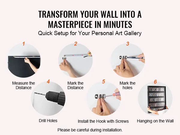 Snelle installatiehandleiding voor de VEVOR-sportkaartenvitrine: meten, markeren, boren, installeren en aan de muur hangen.