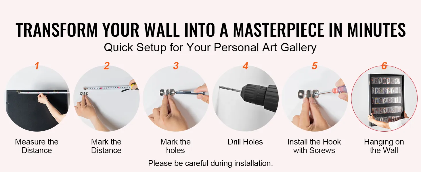 Snelle installatiehandleiding voor de VEVOR-sportkaartenvitrine: meten, markeren, boren, installeren en aan de muur hangen.