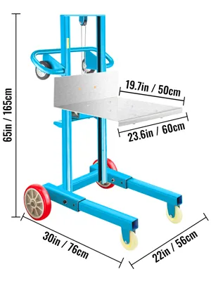 Apilador con cabrestante manual VEVOR con dimensiones: 65x30x22 pulgadas y plataforma de 19,7x23,6 pulgadas.