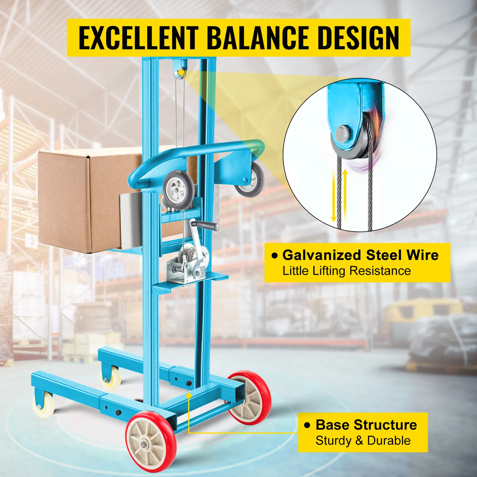 Caja elevadora apiladora con cabrestante manual VEVOR con alambre de acero galvanizado y base resistente.