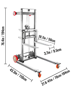 VEVOR manual winch stacker with dimensions: 76.4in height, 43.3in length, 27.6-41in width.