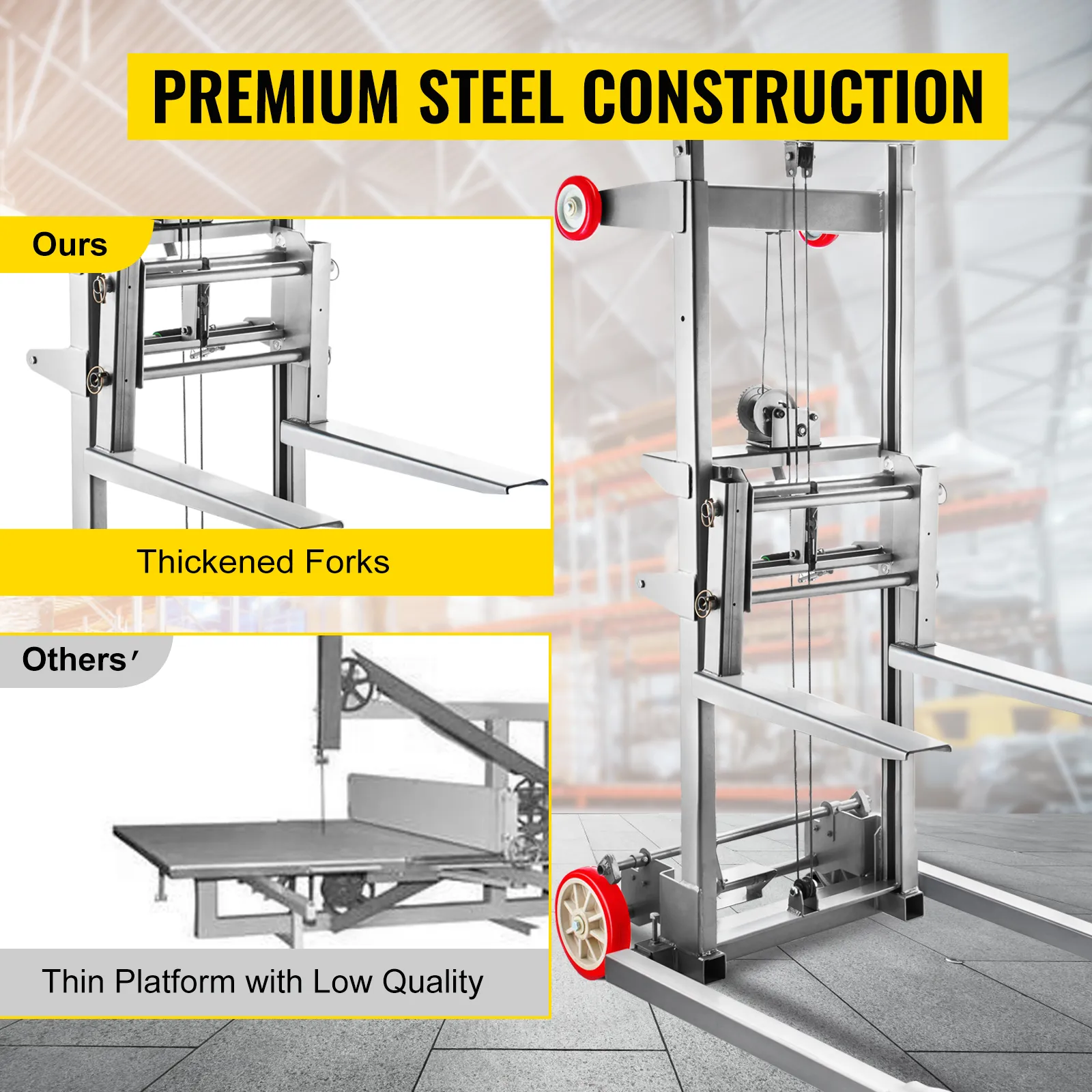 VEVOR manual winch stacker with premium steel construction and thickened forks.