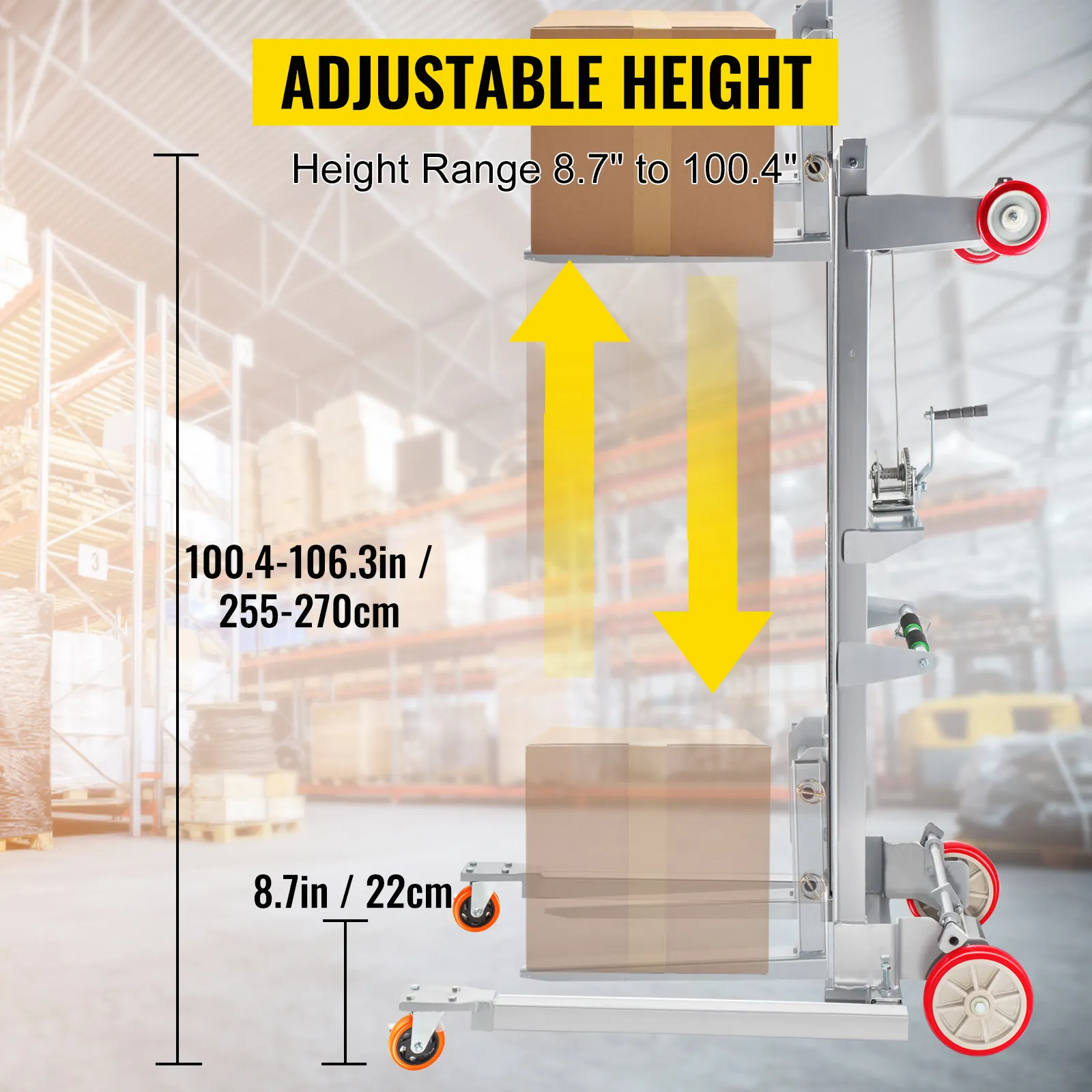 VEVOR manual winch stacker with adjustable height range of 8.7 to 106.3 inches.