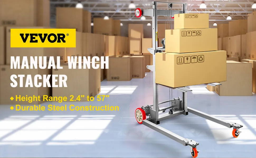 VEVOR manual winch stacker lifting boxes in a warehouse with height range 2.4" to 57".