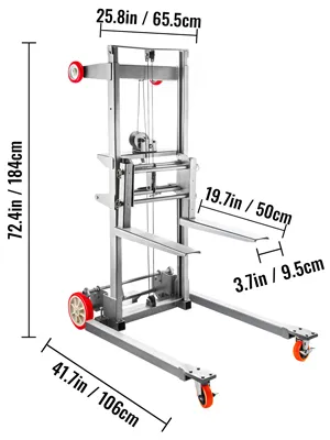 VEVOR manual winch stacker showcasing dimensions and steel frame with red wheels.