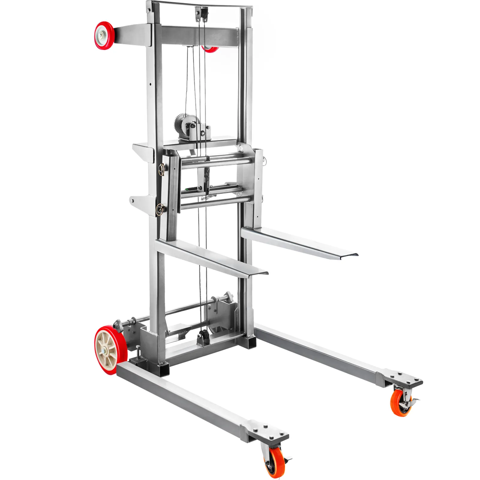 VEVOR manual winch stacker in stainless steel with red and orange wheels.