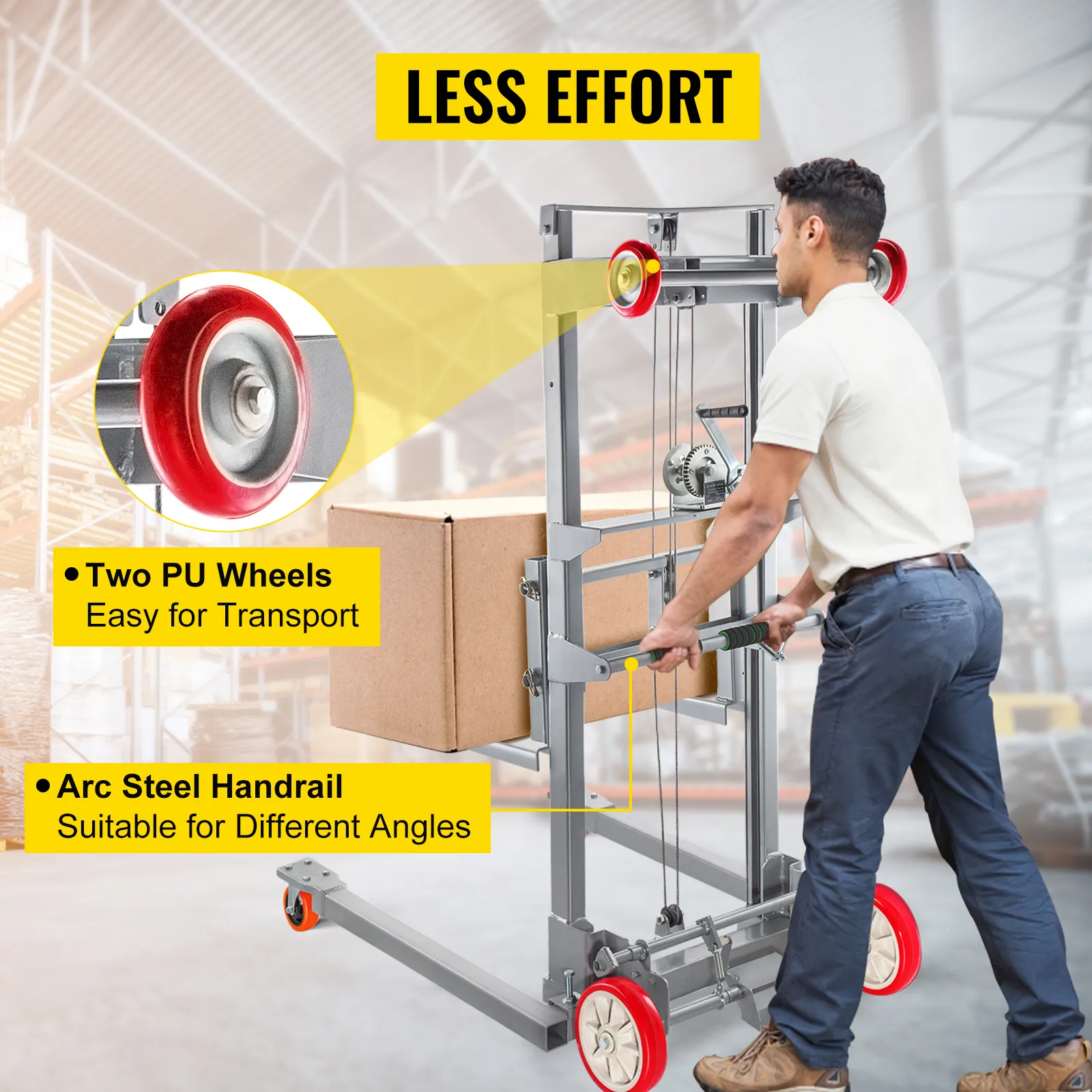 man using the VEVOR manual winch stacker with two pu wheels and arc steel handrail in a warehouse.