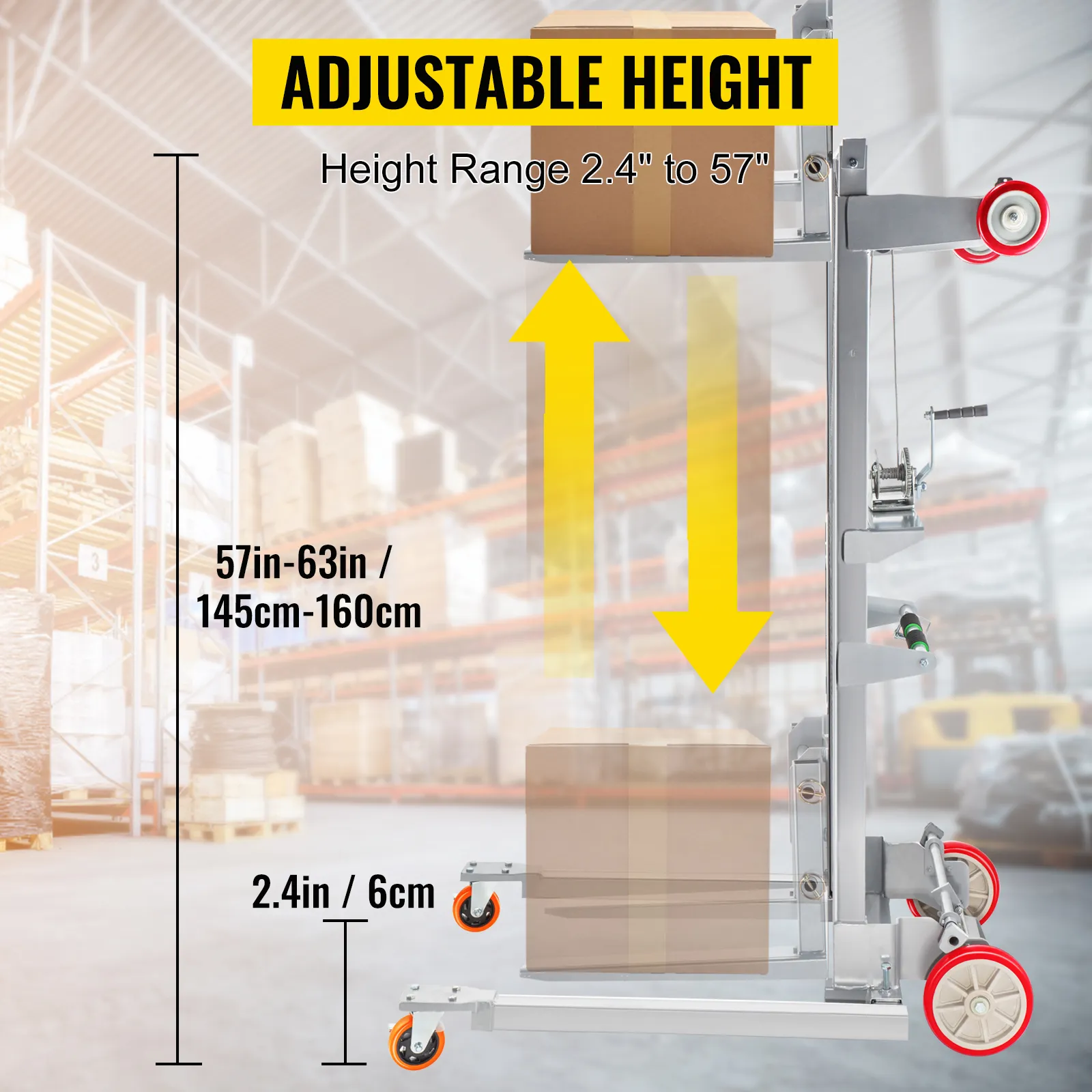 VEVOR manual winch stacker with adjustable height range and orange wheels in a warehouse.