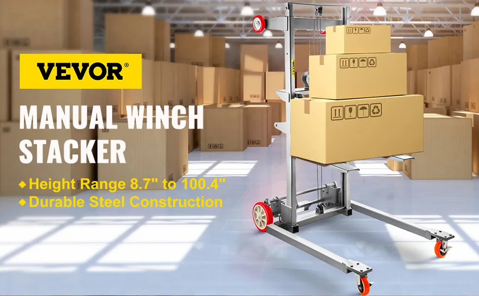 VEVOR manual winch stacker lifting boxes in a warehouse with durable steel construction.