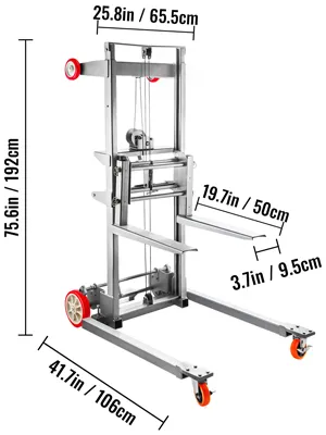 VEVOR manual winch stacker with dimensions labeled for height, width, and fork length.