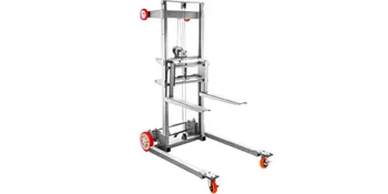 VEVOR manual winch stacker with adjustable forks and red wheels on a white background.