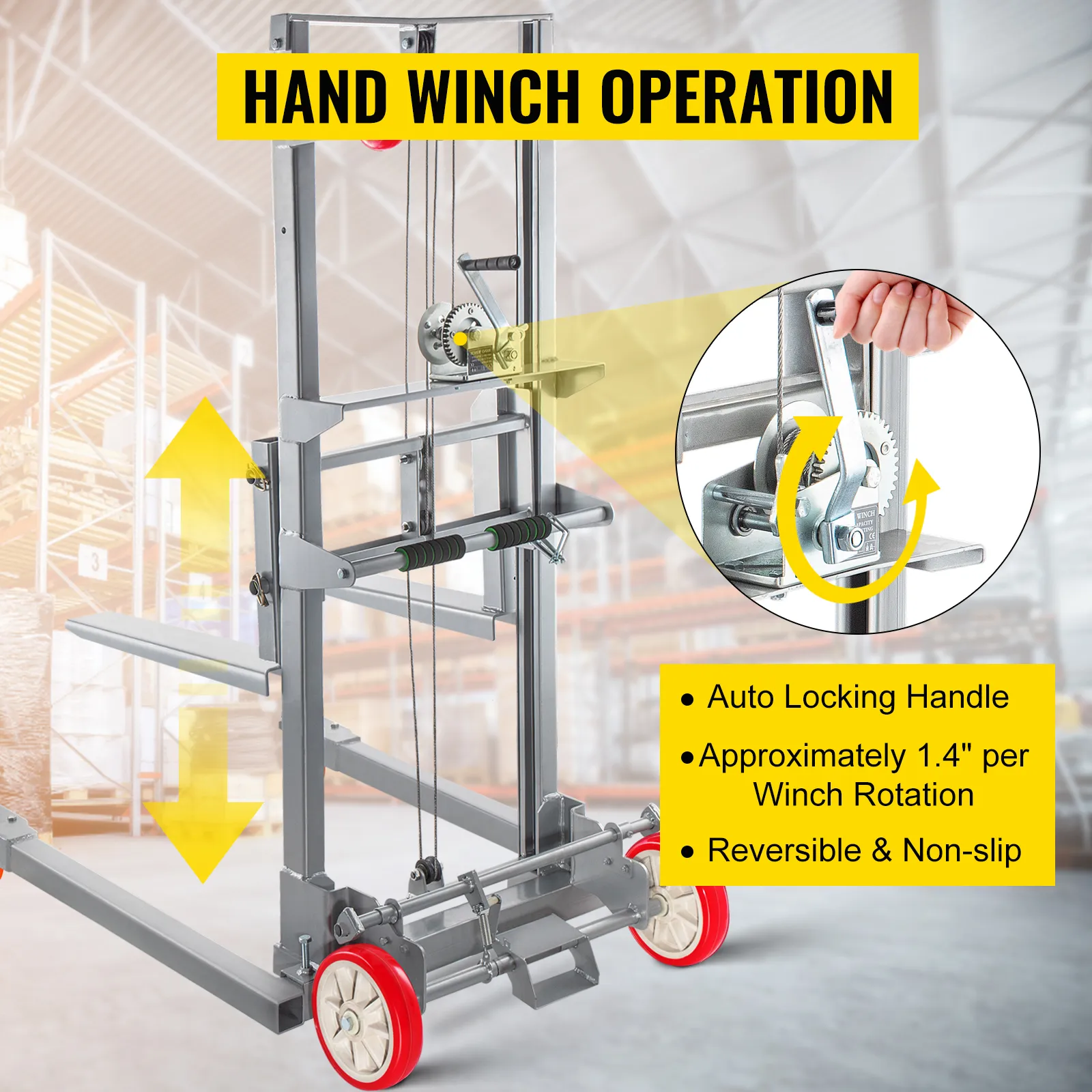 hand winch operation of VEVOR manual winch stacker in warehouse setting.