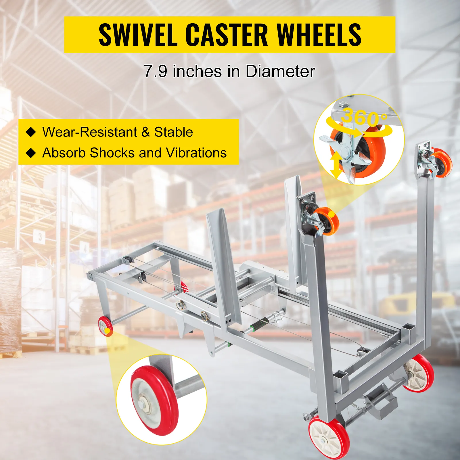 VEVOR manual winch stacker with 7.9-inch wear-resistant swivel caster wheels.