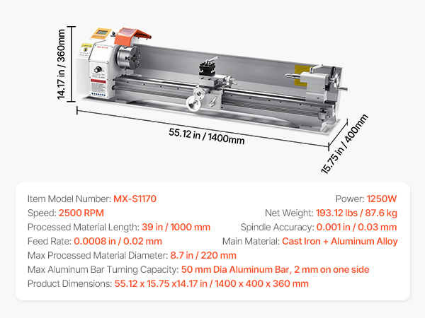 ミルーツページ VEVOR Metal Lathe Machine, 220 x 1000 mm(8.7 x 39 in), Precision