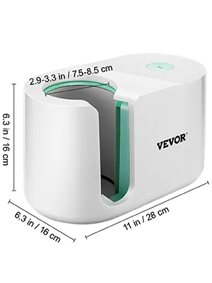 Máquina de prensado de tazas VEVOR, blanca y verde, dimensiones: 11 pulgadas x 6,3 pulgadas x 6,3 pulgadas.