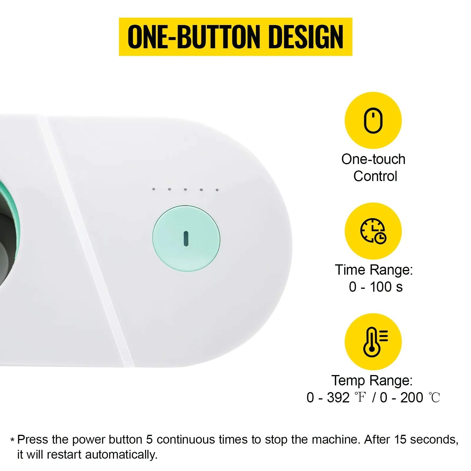 Máquina prensadora de tazas VEVOR: diseño de un botón con control de un toque y rangos de tiempo/temperatura.