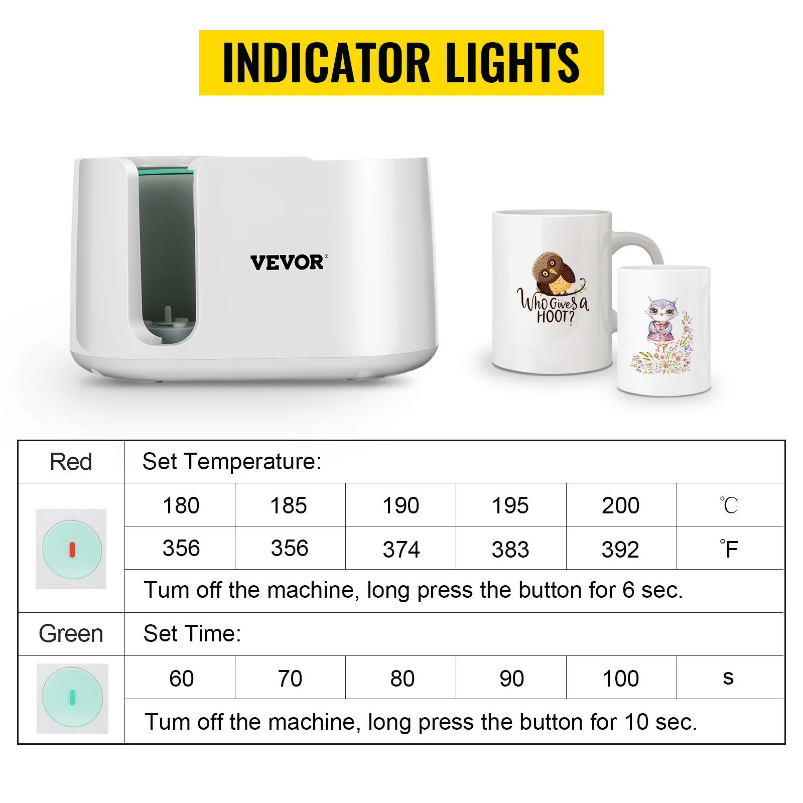 Máquina de prensado de tazas VEVOR con luces indicadoras y configuraciones de temperatura para tazas personalizadas.