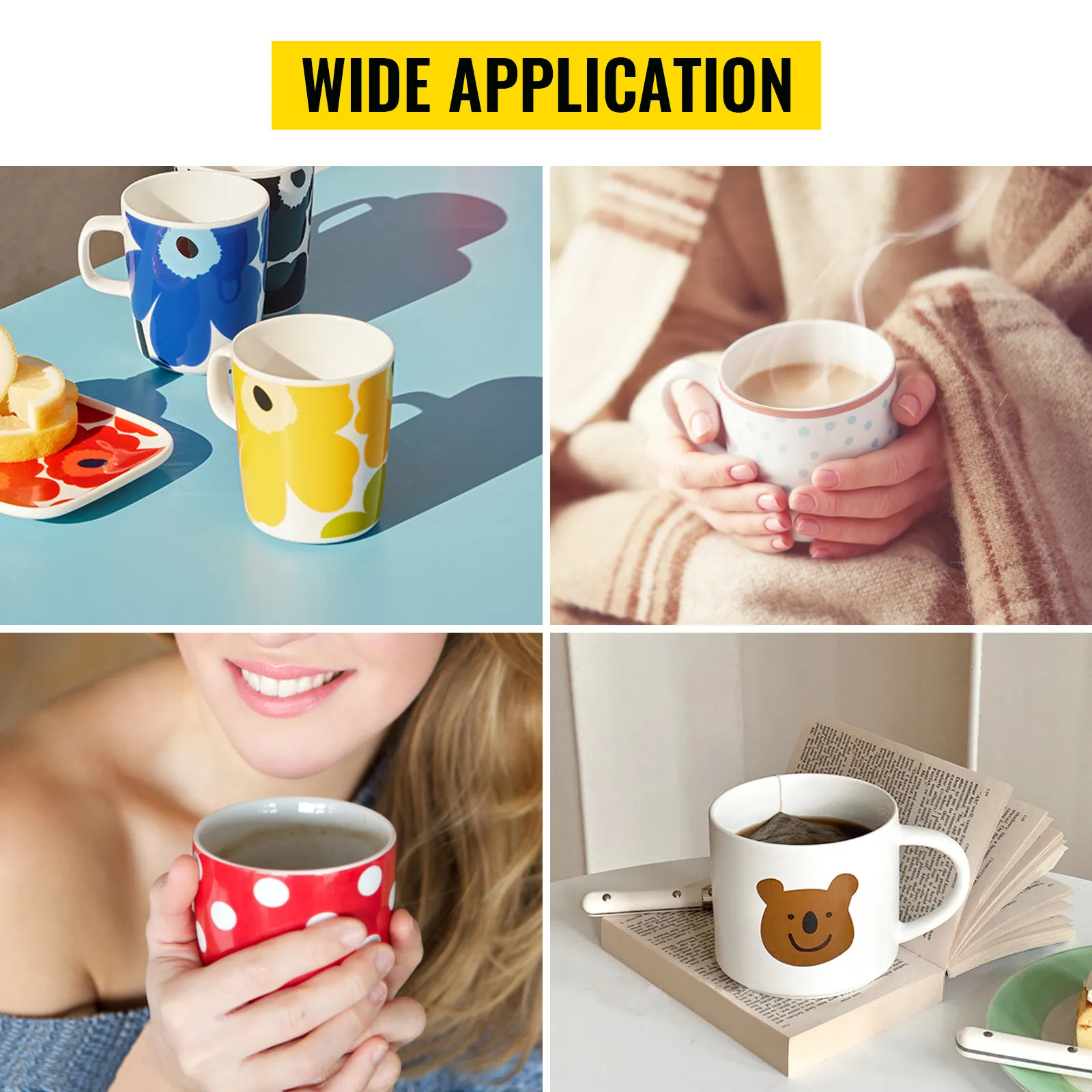 Tazas coloridas para té o café, que muestran la versatilidad de la máquina de prensado de tazas VEVOR.