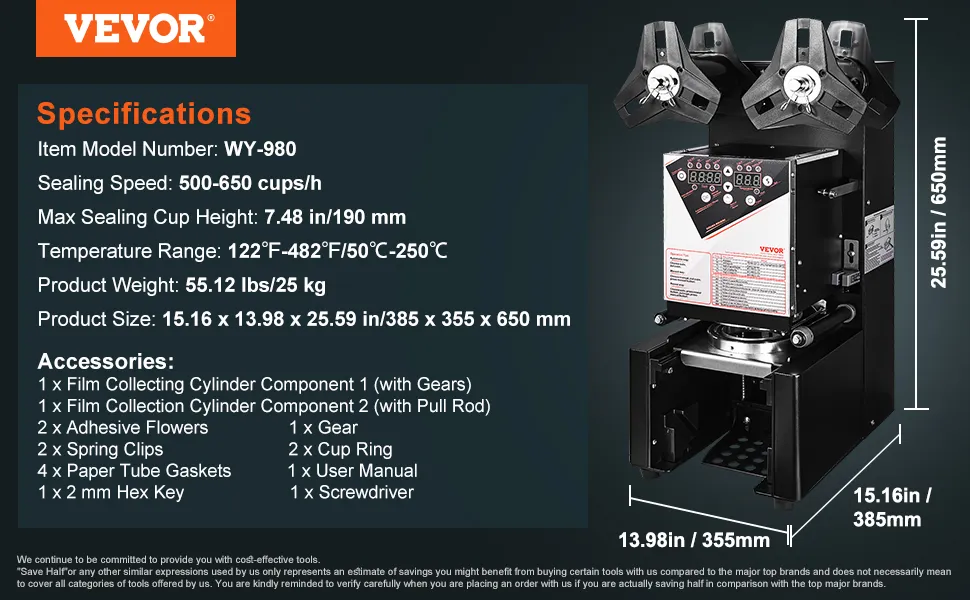 VEVOR cup sealing machine specifications: wy-980 model, 500-650 cups/h, accessories listed, dimensions 25.59in x 15.16in x 13.98in.