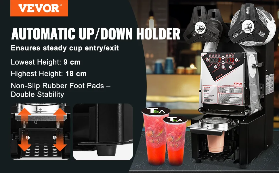 VEVOR cup sealing machine for tea with automatic up/down holder, adjustable height, non-slip foot pads.