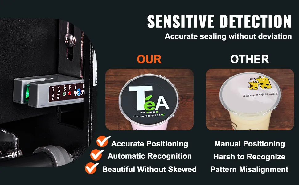 VEVOR cup sealing machine comparison with accurate positioning, automatic recognition, and clear sealing.