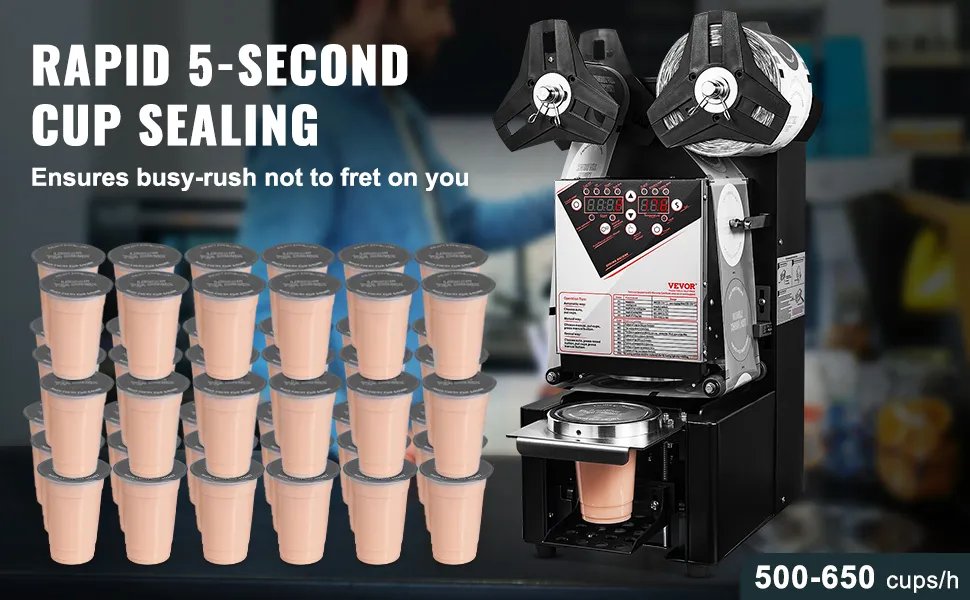 VEVOR cup sealing machine ensures rapid 5-second cup sealing, sealing 500-650 cups per hour efficiently.