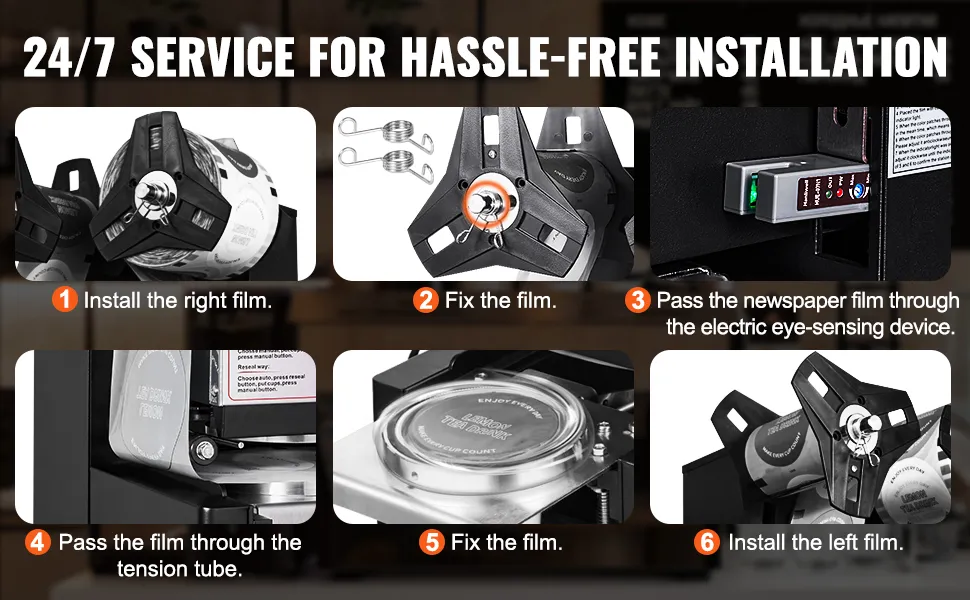 VEVOR cup sealing machine installation guide with six steps for hassle-free setup.