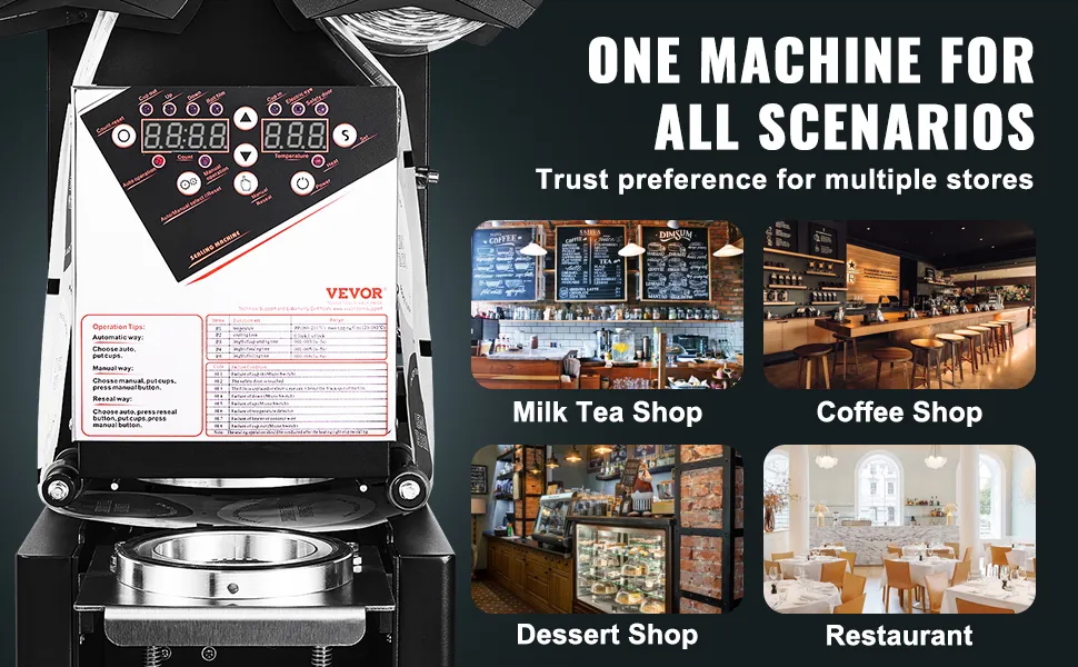VEVOR cup sealing machine displayed with applications in milk tea shop, coffee shop, dessert shop, and restaurant.
